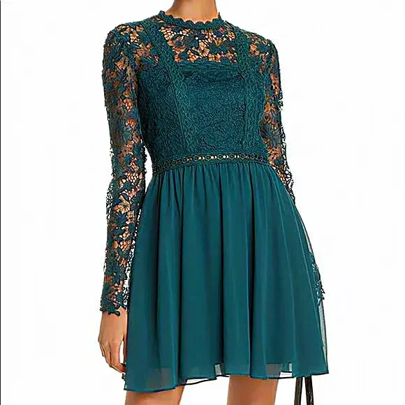 Aqua Womens Green Lace Floral Long Sleeve Illusion Neckline Short Trapeze Party Dress Size M Aqua Womens Green Lace Floral Long Sleeve Illusion Neckline Short Trapeze Party Dress Size M